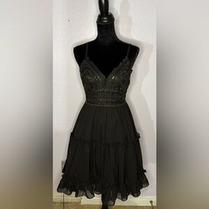 JJ’s House Black A-Line V-Neck Dress with Ruffles